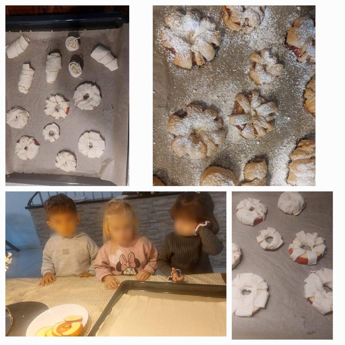 Collage vom gemeinsamen Backen: Kinder am Tisch und fertiges Apfelgebäck mit Puderzucker